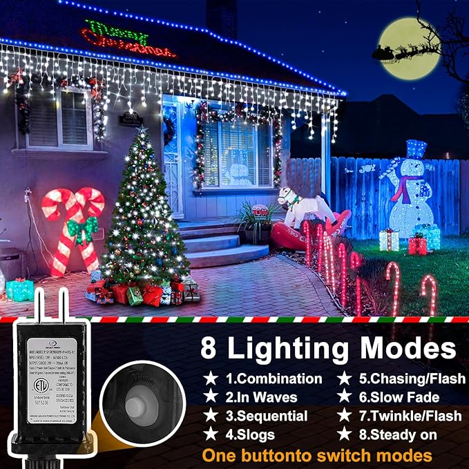 Heceltt White Christmas Lights Outdoor, 49FT 480 LED Ice Lights for Outside with 90 Drops Clear Wire 8 Modes Timer, Plug in Waterproof for Holiday Eaves Yard Roof Party Christmas Decoration