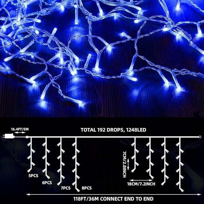 118 ft 1248 LED Christmas Outdoor Icicle Lights LED Fairy String Hanging Lights Waterproof with 8 Modes Timer for Christmas Decorations Wedding Holiday Party Roof Yard, Blue