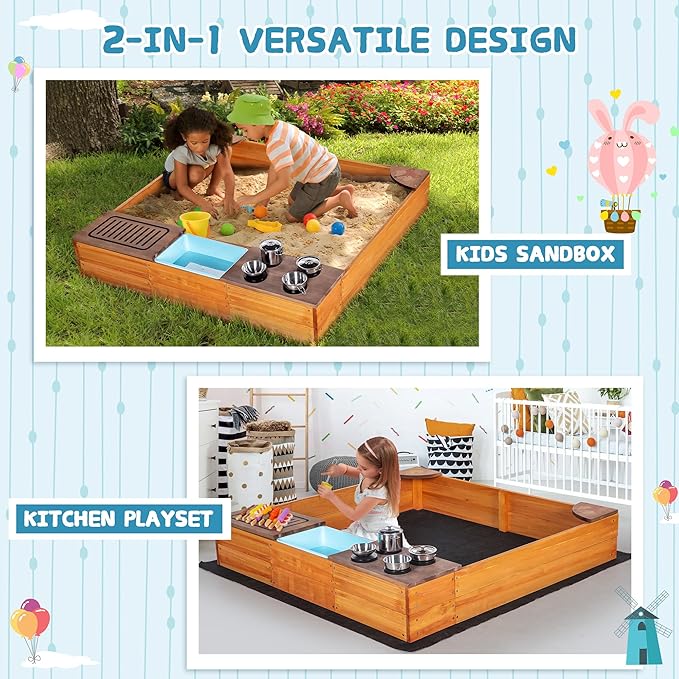 Sandbox with Cover, 2 in 1 Sandpit & Kitchen Playset, Outdoor Sand Box with Bottom Liner, PP Cover, Grill, Cooking Accessories, Toddlers Sandboxes for Backyard, Beach, Garden, Gift for Kids