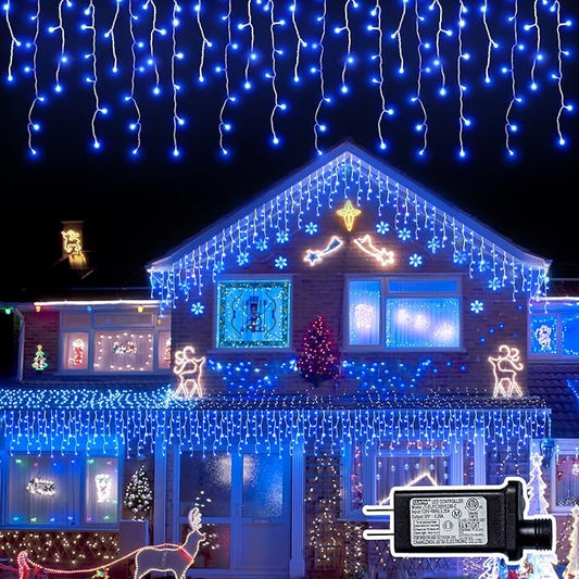 Christmas Outdoor Icicle Lights - 200 LED 21+16 FT 8 Modes Curtain Fairy String Light Plug in, Waterproof for Eaves Yard Holiday Xmas Holiday Indoor Outdoor Decoration - Blue