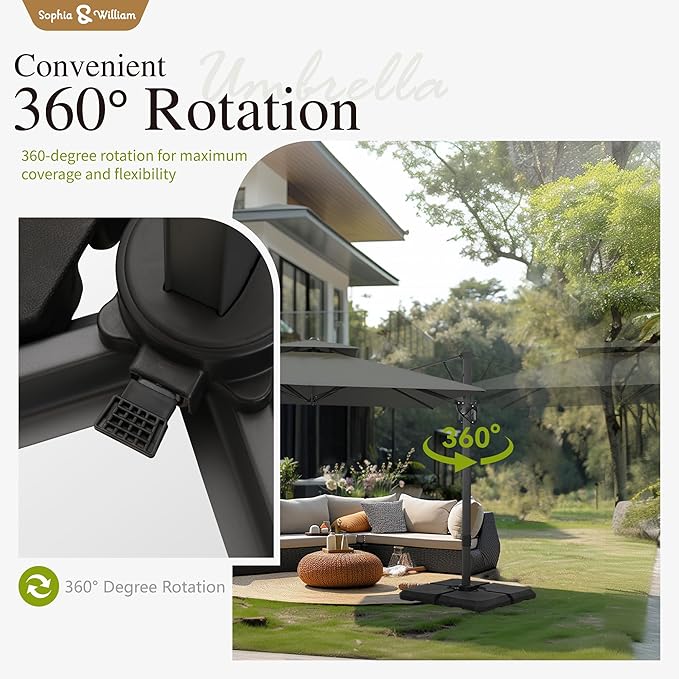 Sophia & William Cantilever Patio Umbrella 10ft, Offset Large Square Outdoor Umbrellas with 360-degree Rotation, Heavy Duty Windproof for Garden Pool Backyard, Grey (no base)