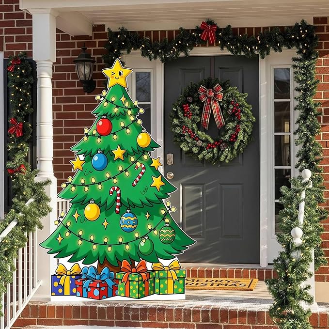 Christmas Tree Cardboard Cutouts, 4mm Corrugated Plastic Standee Decorations, Indoor Outdoor Xmas Yard & Party Décor, Photo Booth Prop, 3FT, Style 2