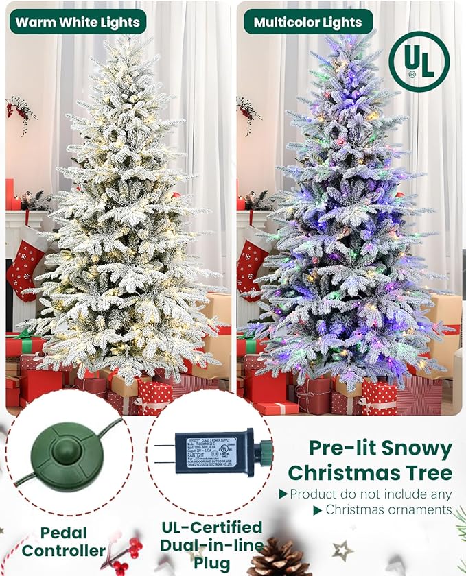 8FT Prelight Premium Artificial Christmas Tree，Snow Flocked Frosted PE Tips Xmas Tree，Foldable Metal Base ，Holiday Decoration Muticolor LED Flocado árbol de Navidad, White