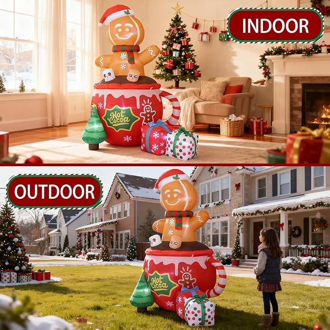6FT Christmas Inflatables, Gingerbread Inflatables Outdoor Decorations, Cute Christmas Blow Up Decorations for Indoor Garden Lawn Party Decor