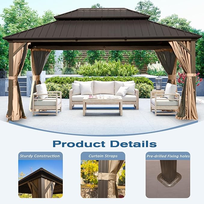 Domi 10' x 14' Hardtop Gazebo Permanent Metal Gazebo with Galvanized Steel Double Roof, Curtains and Netting for Party, Wedding, Outdoor Dining, Patio, Backyard, Brown