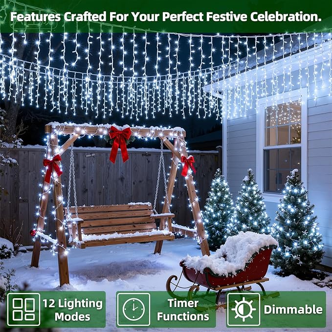 1332 LED Christmas Lights with 296 Drops,132ft 12 Modes Hanging ice String Lights with Timer & Dimmable & Waterproof, Plug-in Fairy Lights for Tree Holiday Wedding Party Christmas Decor Cool White