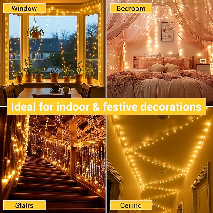 Magnetic String Lights - 60ft LED Christmas Lights with Quick Connect - Indoor Plug in - Warm & Bright White - Decorative Christmas Tree Lights