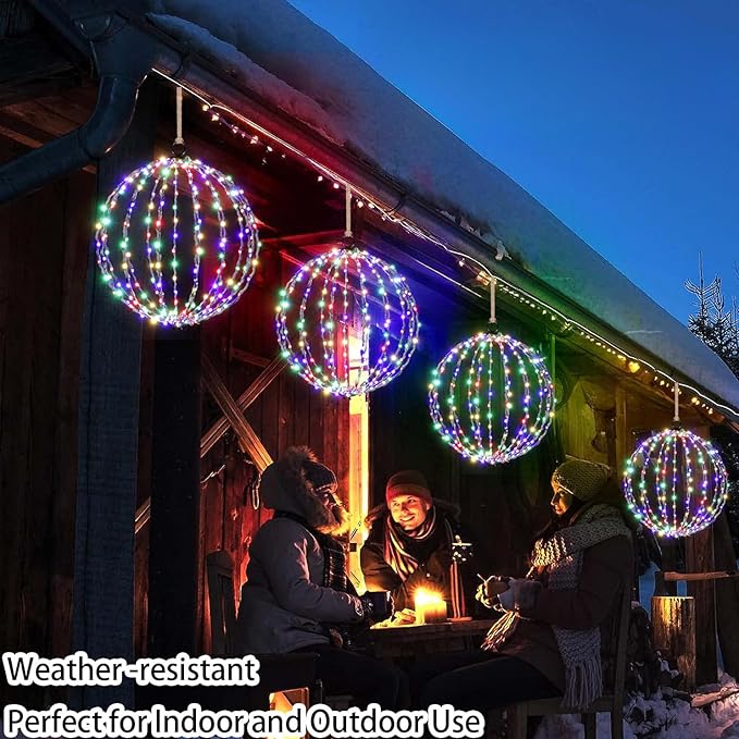 16" Large Outdoor Hanging Lighted Sphere, Christmas Decoration Light Balls, 2 in 1 Warm White and Multicolor Chandelier, 208 LED Iron Frame Foldable Globe for Patio Tree Gazebo Decor (2PK Plug in)