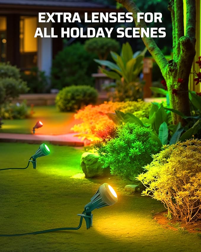 DEWENWILS Christmas 120V Spotlight Outdoor, 500LM Waterproof LED Spot Light with 3 Extra Lenses (Red Yellow Green), Landscape Lighting for Holiday, Trees, 5FT Extension Cord, UL Listed