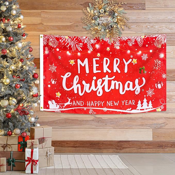 XIFAN Christmas Flag Double Sided 3x5 FT Outdoor, Large Merry Christmas and Happy New Year Banner with Snowman Christmas Tree, Gift Wall Winter Decoration