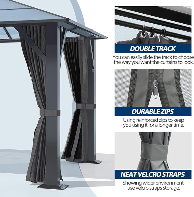 COVERONICS 10FT x 10FT Patio Polycarbonate Hardtop Gazebo with Steel Frame - Outdoor Translucent Roof Gazebo with Breathable Netting & Shaded Curtains for Porch, Lawn, Garden, Backyard, Poolside