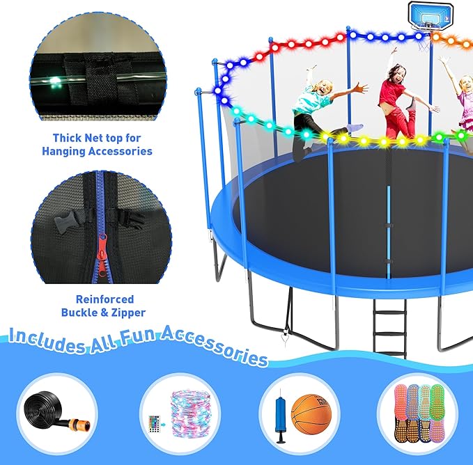 DeepRoar 2026 Upgraded 8FT 10FT 12FT 14FT 15FT 16FT Outdoor Tranpoline for Kids, Big tranpoline with Basketball Hoop, Lights, Sprinkler & Socks, Heavy Duty tranpoline 1500LB, ASTM Approved Tranpoing