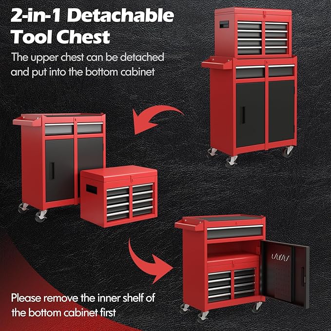 IRONMAX Rolling Tool Chest, Lockable 5-Drawer Tool Cabinet w/Tool Side Slot & Universal Wheels, 2 in 1 Detachable Tool Box Storage Organizer for Garage Workshop Auto Shop