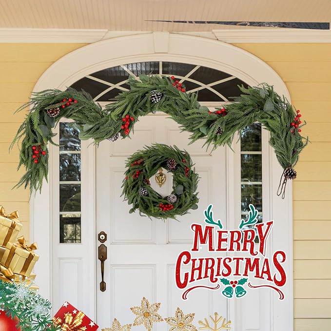 Christmas Garland of Artificial Norfolk Pine 6FT Christmas Decorations Indoor of Real Touch Winter Cedar Garland with Pinecones Red Berries Green Garland for Table Mantle Wall Outdoor