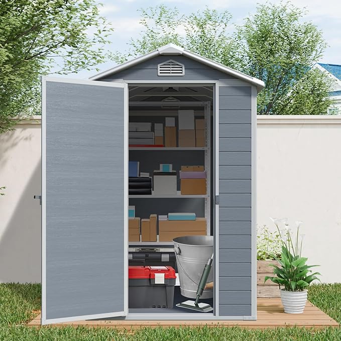 4x6 FT Resin Storage Sheds Outdoor with Floor, Windows & Lockable Door Storage Shed - Waterproof Garden Tool Shed, Patio & Backyard Tool Storage Cabinet Use - Grey