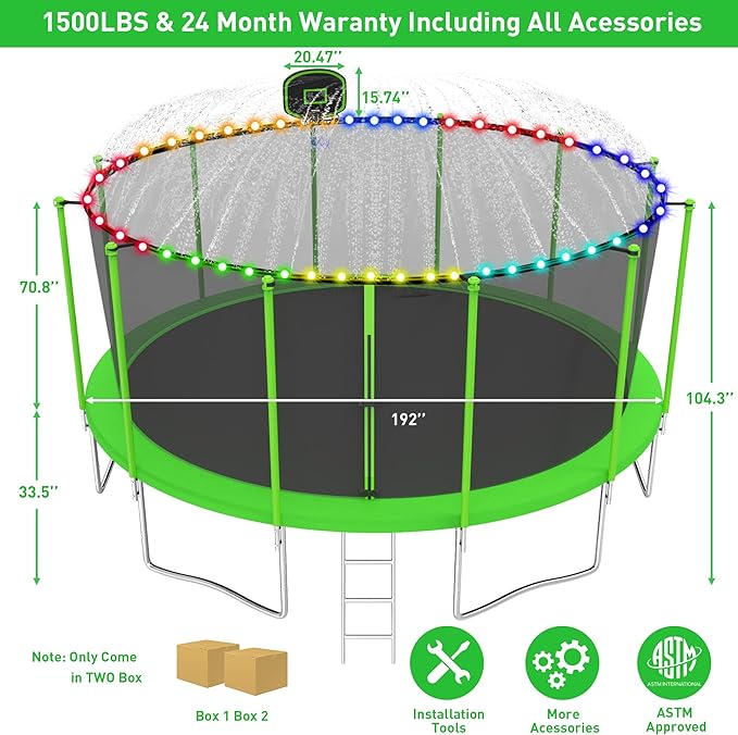 DeepRoar 2026 Upgraded 8FT 10FT 12FT 14FT 15FT 16FT Outdoor Tranpoline for Kids, Big tranpoline with Basketball Hoop, Lights, Sprinkler & Socks, Heavy Duty tranpoline 1500LB, ASTM Approved Tranpoing