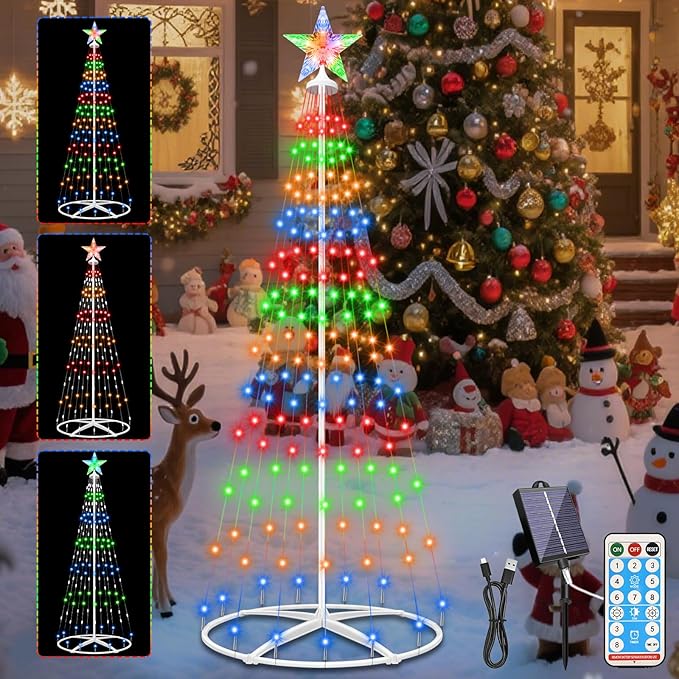 Forlivese 156LED Outdoor Solar Christmas Tree Lights, 4FT Lighted Artificial Cone Tree with Remote, 8 Modes, USB Charge, Timer & Waterproof Christmas Tree Decor for Garden Yard Patio, Multicolor