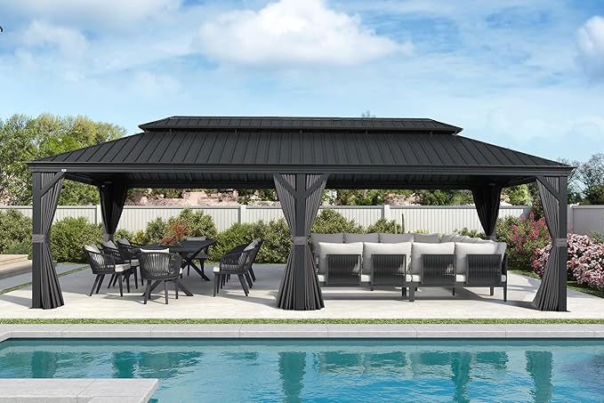 PURPLE LEAF 12' X 28' Large Hardtop Gazebo Aluminum Gazebo with Galvanized Steel Double Roof for Patio Lawn and Garden, Curtains and Netting Included Grey