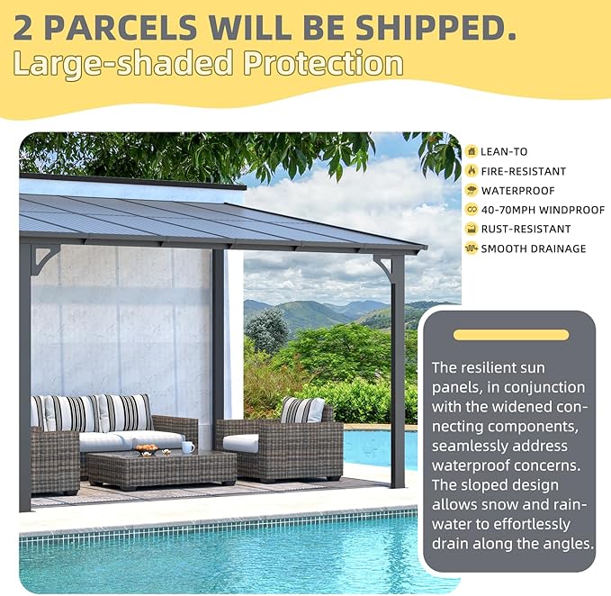 U-MAX 10' x 12' Outdoor Pergola Gazebo, Wall-Mounted Lean to Metal Awnings Gazebos on Clearance for Patio, Large Panel Roof Pergolas and Gazebo for Outdoor Use