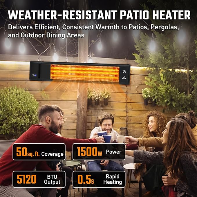 Infrared 1500W Patio Heater with Remote, ETL Certified, Wall Mounted Carbon Fiber Energy Efficient Heater, IP65 Weather Resistant for Patio, Backyard, Garage, and Decks, Black