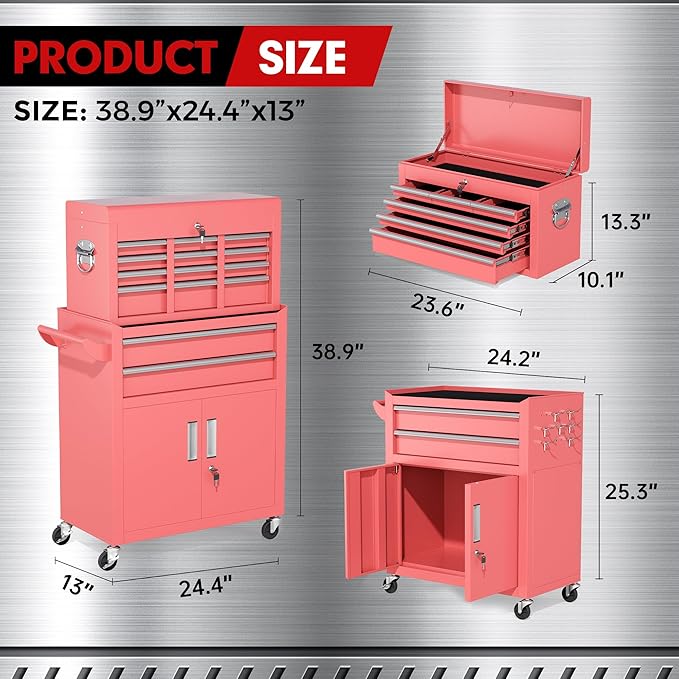 INTERGREAT Tool Chest, Tool Cabinet with 8 Drawers, Detachable Organized Tool Chests, Lockable Tool Cabinet for Workshop, Warehouse, Mechanics Garage (Pink)