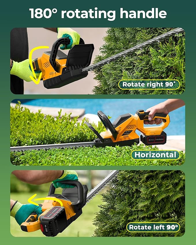 20'' Hedge Trimmer Cordless with 2pcs 4000mAh Battery, Electric Handheld Bush Clipper with Rechargeable Batteries, 3000RPM 180¡Æ Rotatable Head, 2/3'' Blade Gap, Yellow