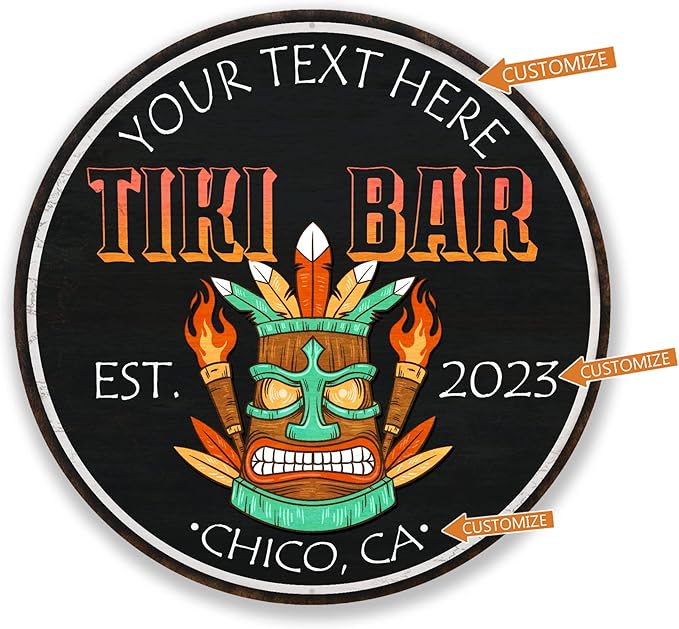Personalized Tiki Bar Sign, Backyard Sign, Wall Decor, Tropical Sign, Surf Beach Wall Art, Patio Plaque, Bar Grill, Made in USA 18" 100180050004