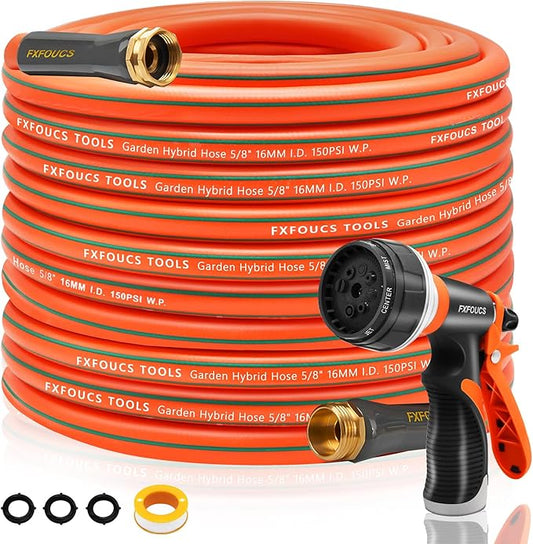 Heavy Duty Garden Hose ? 5/8 Inch Flexible, Lightweight Hybrid Hose with 600 PSI Burst Pressure, Swivel Handle, and Durable Copper Male/Female Fittings (Orange with hose sprayer, 100FT)
