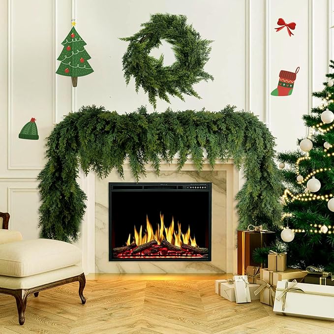 6FT Christmas Garland Decoration, Realistic Artificial Green Faux Cedar Pine Garland Holiday Decor for Outdoor Indoor Green Greenery,Fireplaces Holiday Party Decorations