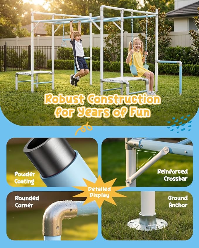 Outdoor Jungle Gym with Monkey Bars Frame, Climbing Set, Trapeze Swing Bar, Belt Swing, Kids Gymnastics Bars, Playground Set with Powder Coated Galvanized Steel for Backyard, Garden, White