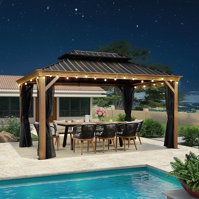 PURPLE LEAF 10' X 14' Outdoor Hardtop Gazebo for Patio Galvanized Steel Double Roof Permanent Canopy Teak Finish Coated Aluminum Frame Pavilion Gazebo with Netting and String Lights
