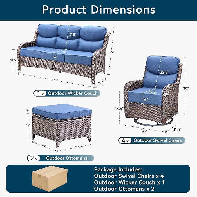 Luxury High Back Outdoor Furniture with 6-Inch Thick Cushions, Patio Furniture Set with Swivel Chairs, 7 PCS Wicker Conversation Set for Porch, Balcony, Deck and Yard