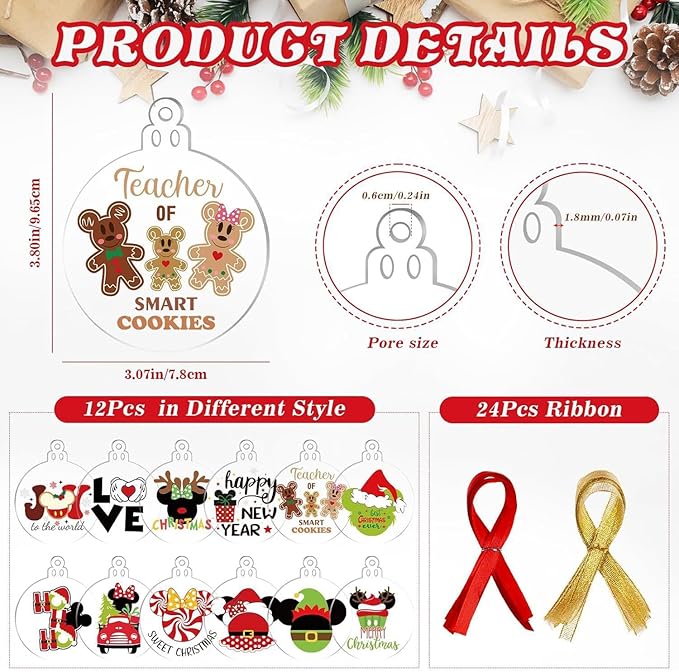 12 Transparent Round Acrylic Christmas Tree Decoration Sets for Holiday Party Decoration (24, Circle)