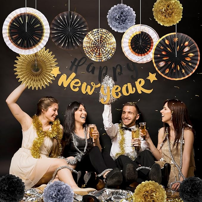 14 Pcs 2026 New Years Eve Party Supplies, with Pre-strung Happy New Year Banner, Hanging Paper Fans 2026 New Years Eve Decorations, Black and Gold Hanging Decor for Happy New Year Party