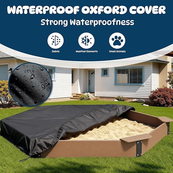 FOOWIN Hexagonal Outdoor Sandbox with Cover for Kids, HDPE Large Sandpit w/6 Benches, for Aged 3-12 Years Old, Sand Box for Children, Bottom Liner,Teak
