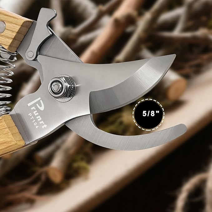 Pruning Shears for Gardening - 7.5 Hand Pruners with High Carbon Steel Blade, 5/8 Cutting Capacity, Ergonomic Wood-Inlaid Steel Handles, Safety Lock & a Spring Included - Garden Clippers