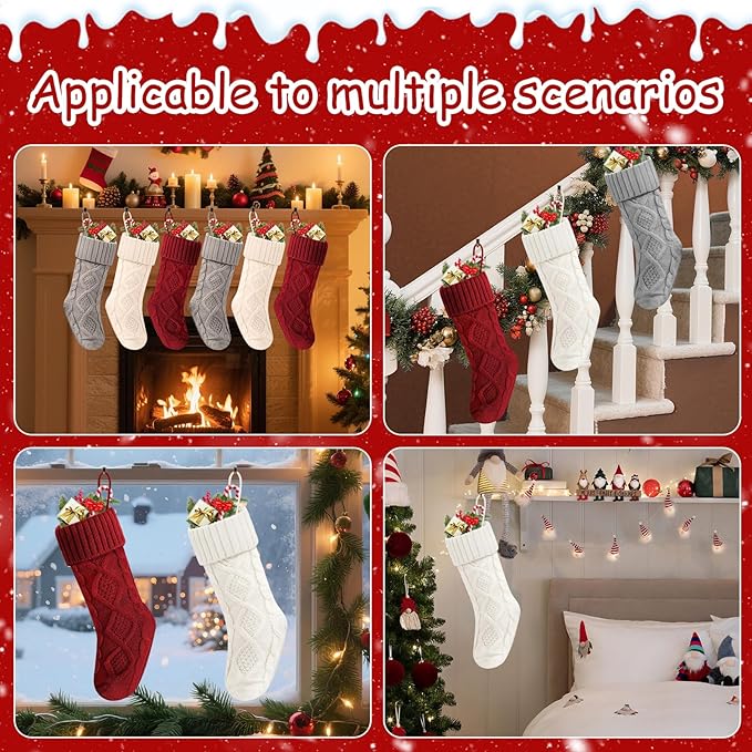 Christmas Stockings 18 Inches,Long Knitted Socks Christmas Decoration Holiday Gift Hanging Stocking Fireplace Xmas Tree Stocking For Home Family（2red+2white+2gray）