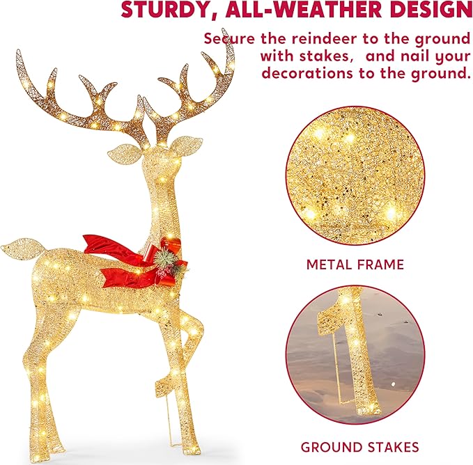 JOYIN Outdoor Christmas Decorations for Yard, 3 Pcs Lighted Christmas Deer Family Set, 3 4 5FT Warm White LED Lights Christmas Yard Decor, 3D Reindeer with Ground Stakes for Lawn Garden Porch Holiday