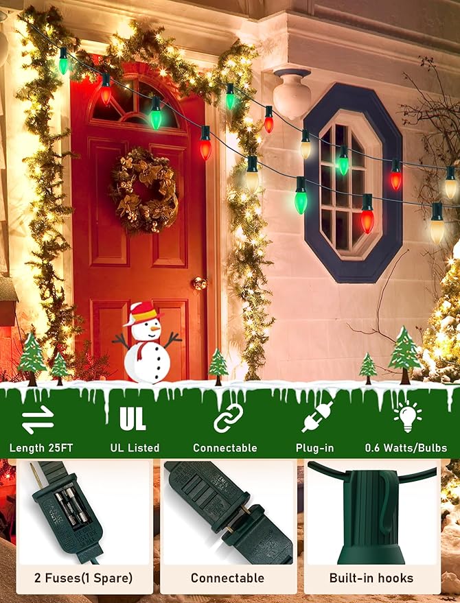 C9 LED Christmas Lights Outdoor 25Ft Outdoor Christmas Decorations String Lights Waterproof with 26 C9 LED Red White and Green Bulbs, Hanging Vintage Christmas Light for Garden Party Pathway Roofline