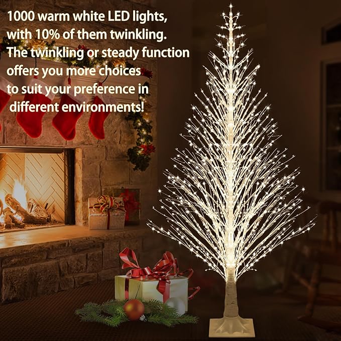7FT Lighted Birch Tree 1000 LED Warm White Lights with Twinkle Lights，Twinkling or Steady Function for Selected, LED Artificial Tree Light for Indoor Outdoor Christmas Decorations