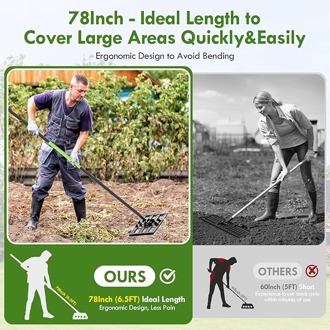 Seeutek Lawn Leveling Rake, 17” x 10” Lawn Leveler with 6.5FT Durable Handle Rakes for Lawns, 0-180° Adjustable Ground Leveler Tool for Yard, Level Soil Sand Dirt Surfaces