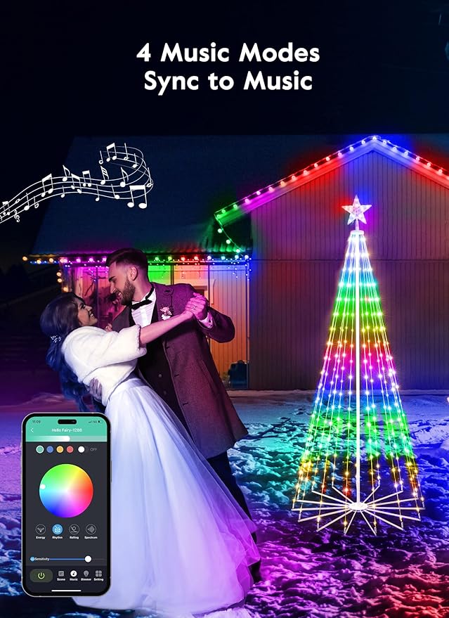 Smart Christmas Cone Tree LED Light, 6ft 265 LEDs Music Sync with Remote APP and Local Control, Pattern and Text Displayable, 16 Million Colors LED Light Show Tree for Indoor Outdoor Decorations