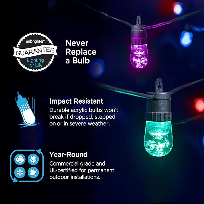 Enbrighten Vibe Smart Color Changing String Lights, 24ft Black Cord, 12 Shatterproof Acrylic Bulbs, Weatherproof, Dimmable, Outdoor String Lights, Works with Alexa, Google Home, 2 Pack, 82764