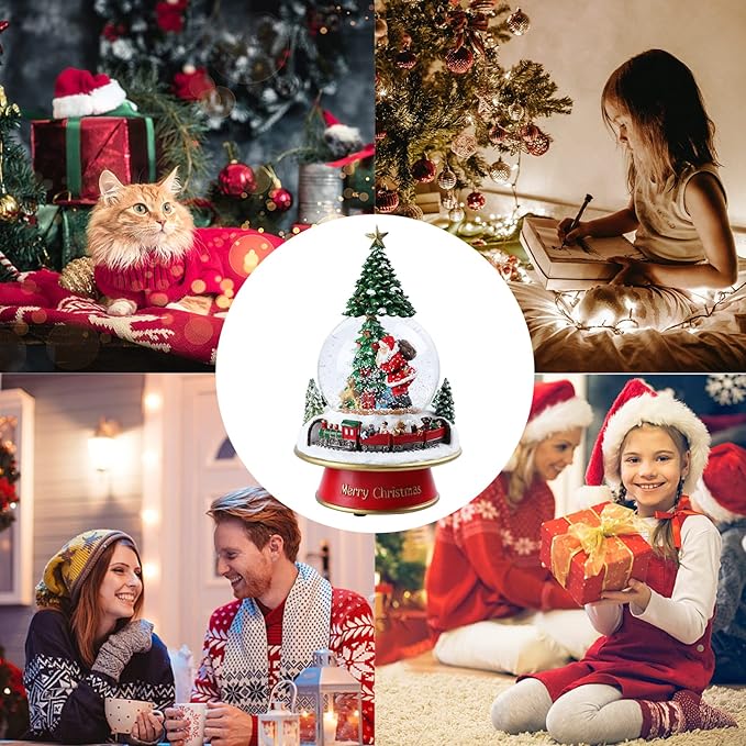 Taman Christmas Snow Globe, Santa with Gifts,Christmas Tree,Mini Train Carrying Bears Musical with Swirling Glitter Snowflakes Lighted Christmas Decorations Tabletop Home Décor