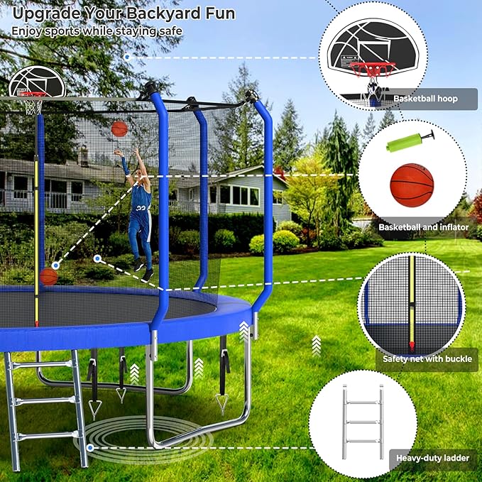 Lyromix Upgraded Trampoline 8FT/10FT/12FT/14FT With Basketball Hoop, Light, Sprinkler, Stakes - Outdoor Backyard for 4-6 Kids and Adults