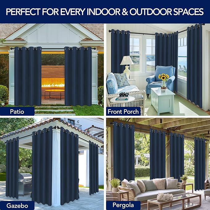 PureFit Outdoor Curtains for Patio Waterproof Weatherproof, UV Resistant Outside Curtains for Gazebo, Front Porch, Pergola, Sun Blocking Privacy Curtain, 52W x 95L inch, 1 Panel, Navy Blue