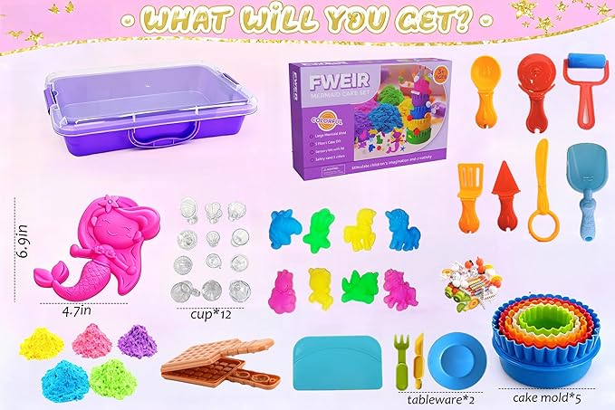 Fweir Sensory Bin for Boy Girl Kid Toy,50+Pieces Play Sand Kit with Sandbox, 3.5lbs Color Sand, 27 Molds Including Mermaid & Unicorn, Cake Cups, Waffle, Sensory Toys for Girl Toddler Ages 3-8