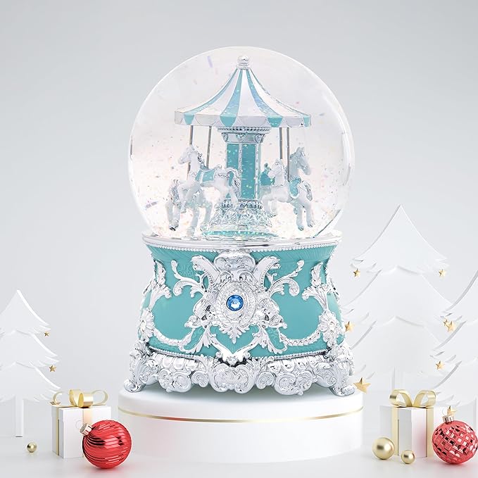 Carousel Music Box Silver Mint Christmas Snow Globes, 7.1" Glass Rotate Carousel Snow Globe for Kids & Adults, Classic Wind up Musical Snow Globe Birthday Gifts, Carousel Horse Home Decor