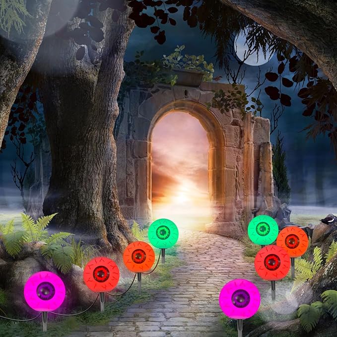 GOOTHY Outdoor Halloween Decorations Pathway Lights, 7Ft Halloween Eyeballs Pathway Markers String Light Waterproof with 4 LED Scary Eyeballs Stakes Lights for Outdoor Walkway Yard Lawn Garden