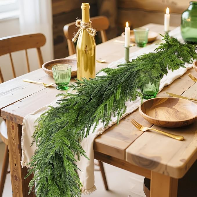 2Pcs 9FT Christmas Norfolk Pine Garland, Realistic Artificial Pine Garland, Real Touch Faux Greenery Christmas Garland for Table, Mantle, Winter Holiday Christmas Decorations Indoor Outdoor